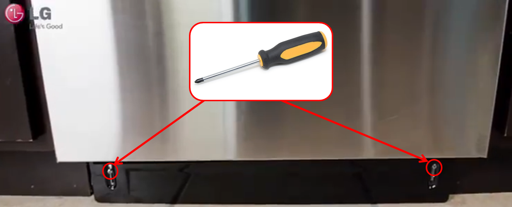 image of a screwdriver pointing at the screw posts located on the bottom of the washer on the left and right